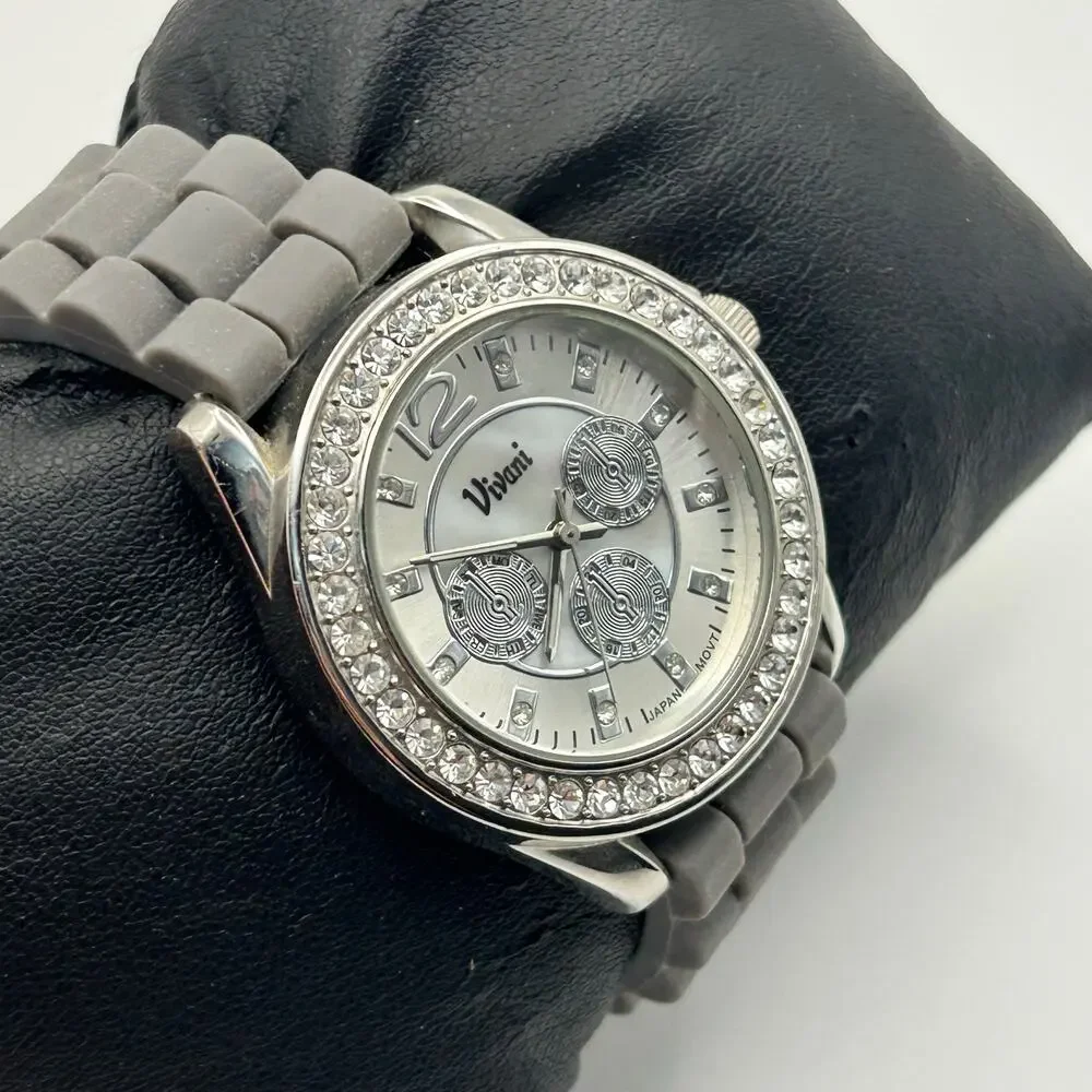 Vivani Silver Tone Dial Round Crystal Accent Case Gray Silicone Band Watch
